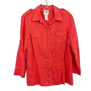 Chaus‎ Organic Linen Shirt Roll Tab Sleeves Chest Pockets Orange Size Medium
